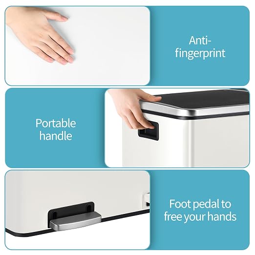 16 Gallon Rectangular Stainless Steel Trash Can, Dual Compartment Garbage Bin - Image 6