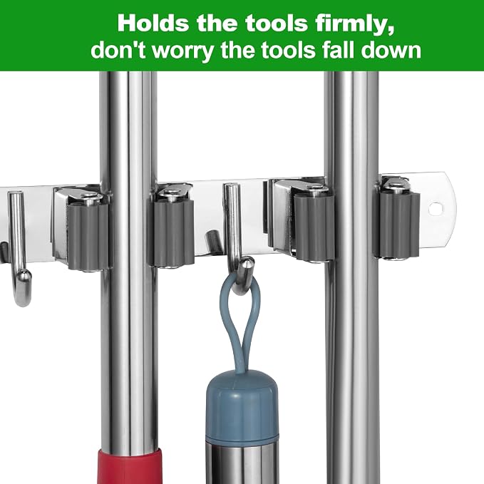 voze 5 Racks and 4 Hooks Mop and Broom Holder Wall Mount, Self Adhesive Heavy - Image 5
