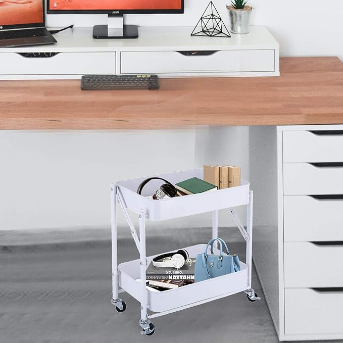 Melody House 2-Tier Metal Folding Rolling Cart, Mobile Utility Cart Trolley - Image 5
