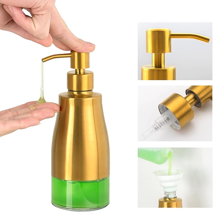 Gaussra Soap Dispenser with Coaster and Stickers, Brushed Gold Stainless Steel - Image 6