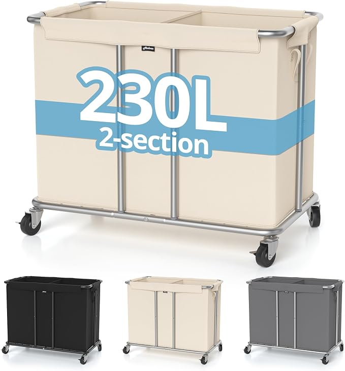230L Rolling Laundry Hamper, 2-Section Laundry Basket - Image 9
