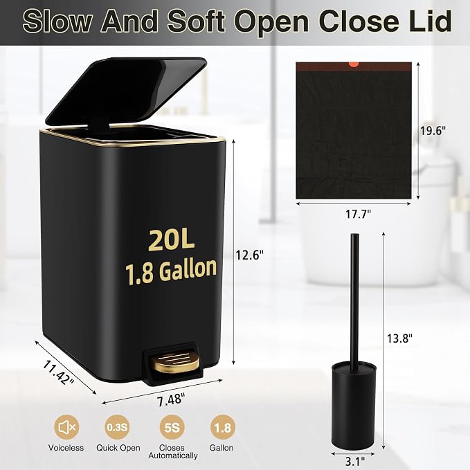 Small Bathroom Trash Can with Lid Soft Close, 1.8 Gallon Stainless Steel - Image 6