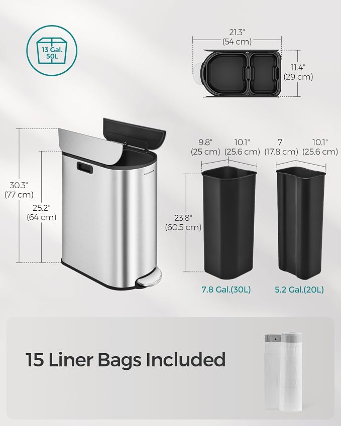 SONGMICS 13-Gallon Dual Kitchen Trash Can, 5.3 and 8 Gallon Compartments - Image 7