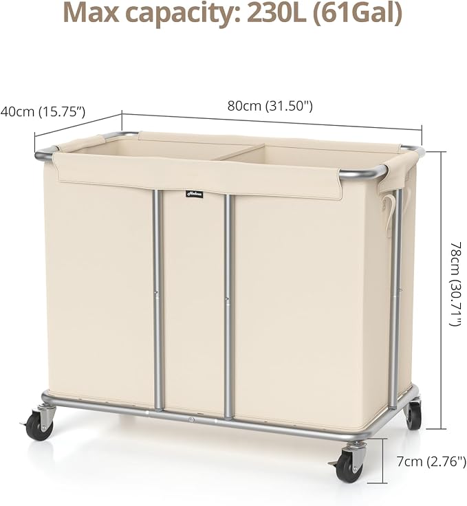 230L Rolling Laundry Hamper, 2-Section Laundry Basket - Image 8