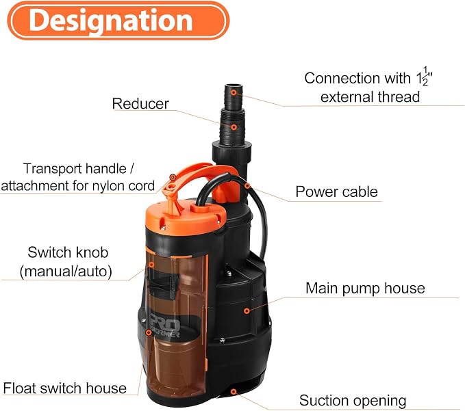 Prostormer Sump Pump, 1/2HP 2110GPH Sumbersible Water Pump, Portable Electric - Image 6