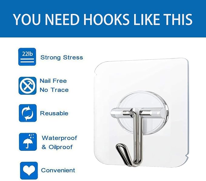 COLOGO 100 Pack Adhesive Hooks 24lb Heavy Duty Self Adhesive Hooks, Transparent - Image 2