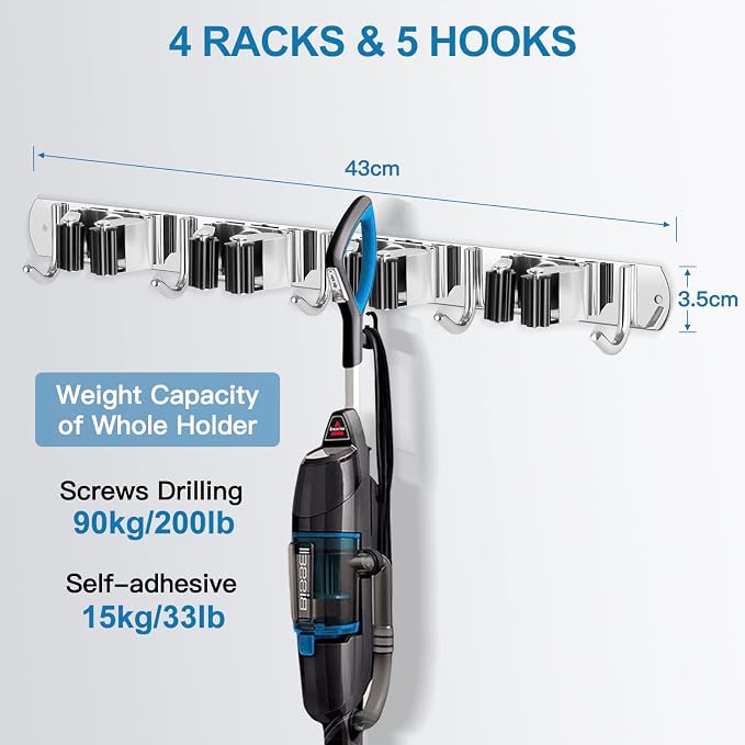 IMILLET 2 Broom Holder Wall Mounted, Stainless Steel Broom Mop Holder Self - Image 4