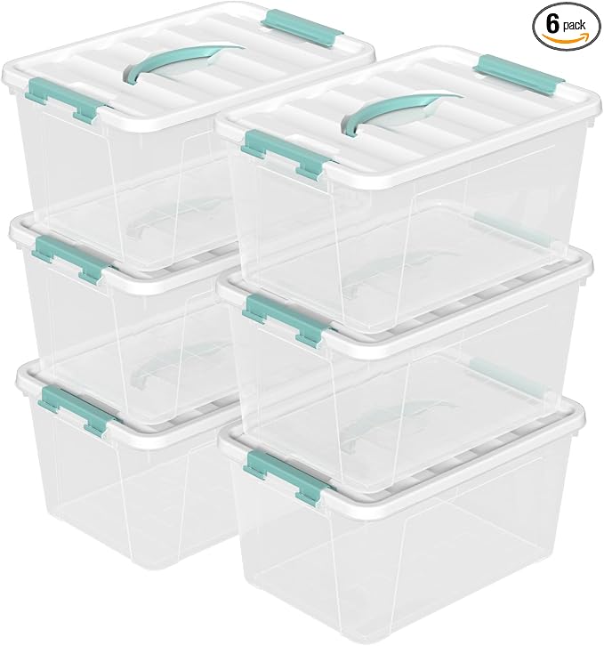 6-Pack Clear Storage Latch Bins, 14 L Plastic Storage Boxes by Zerdyne