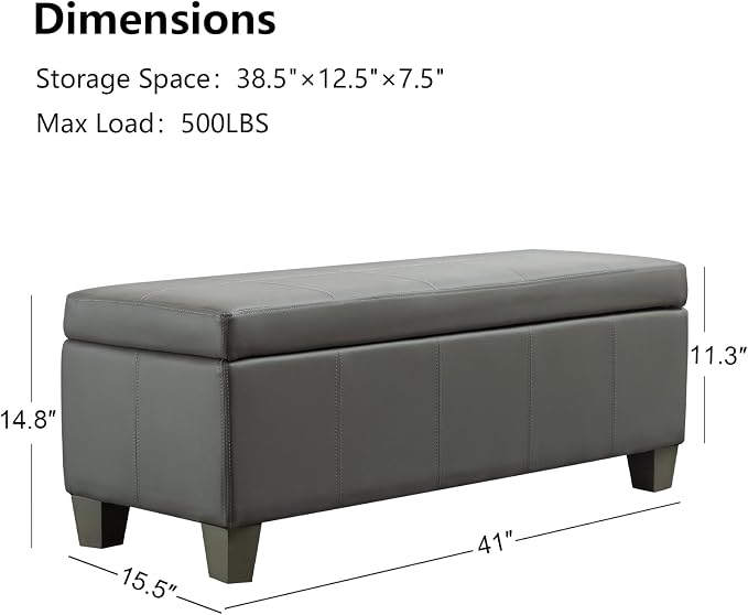 Grey Faux Leather Ottoman with Storage, Rectangular Extra Long Storage Bench - Image 3