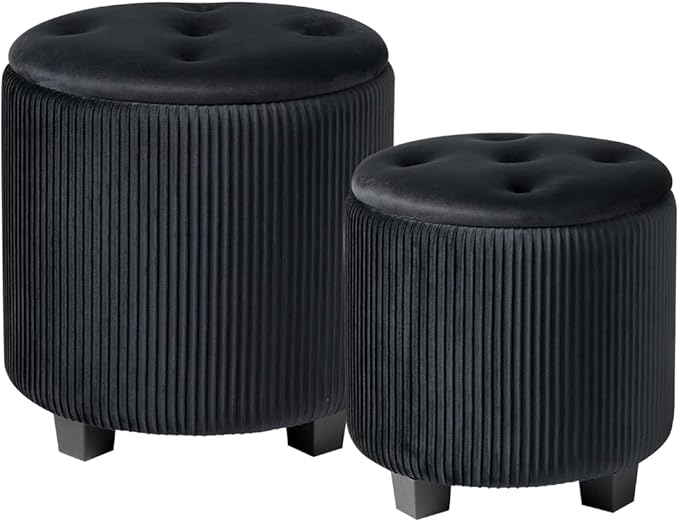 Big Round Ottoman with Storage Set of 2, Upholstered Velvet Vanity Stool by HomePage