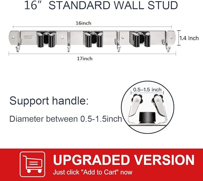 IMILLET Broom Holder Wall Mounted, Stainless Steel Broom and Mop Holder Self - Image 3