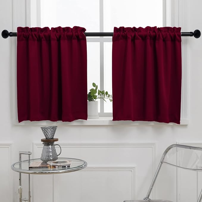 Pickluc Burgundy Cafe Curtain 36 Inches Length, Rod Pocket Small Kitchen Curtain by PICKLUC