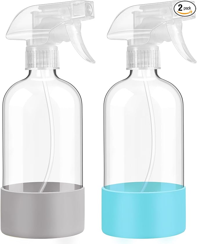 Glass Spray Bottles with Silicone Sleeve Protection, 16 oz 2 Pack, Empty by FANSTINOW