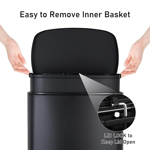 Arlopu 13.2+1.3 Gallon Step Trash Can, Stainless Steel Garbage Bin, Soft-Close - Image 4