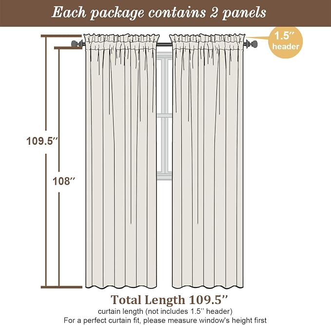Chyhomenyc Extra Long Black Sheer Curtains 108 Inches Long 2 Panels, Light - Image 2