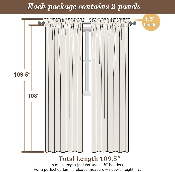 Chyhomenyc Extra Long Ivory Sheer Curtains 108 Inches Long 2 Panels, Light - Image 2