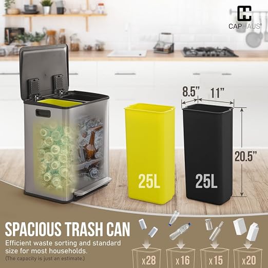 CAPHAUS Black Dual Trash Can w/Single Lid, Trash & Recycle Bins Combo, - Image 3