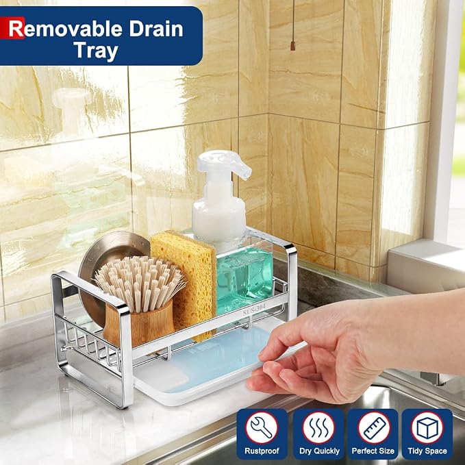HULISEN Kitchen Sink Sponge Holder, 304 Stainless Steel Kitchen Soap Dispenser - Image 3