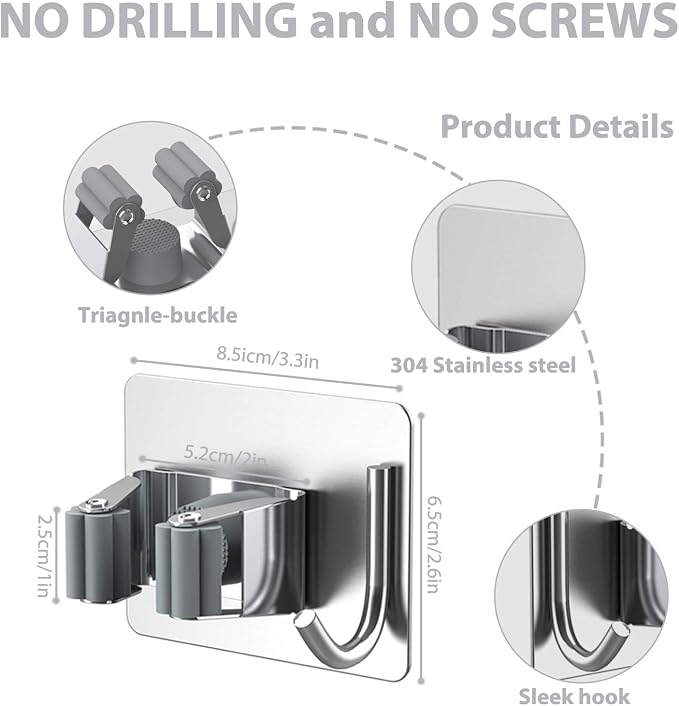 Mop Broom Holder No Drill, Mop Broom Organizer Wall Mounted Heavy Duty - Image 4