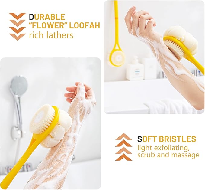 Shower Body Brush, Soft Bristles and Beautiful Pumpkin Loofah 14" Long Handle - Image 3