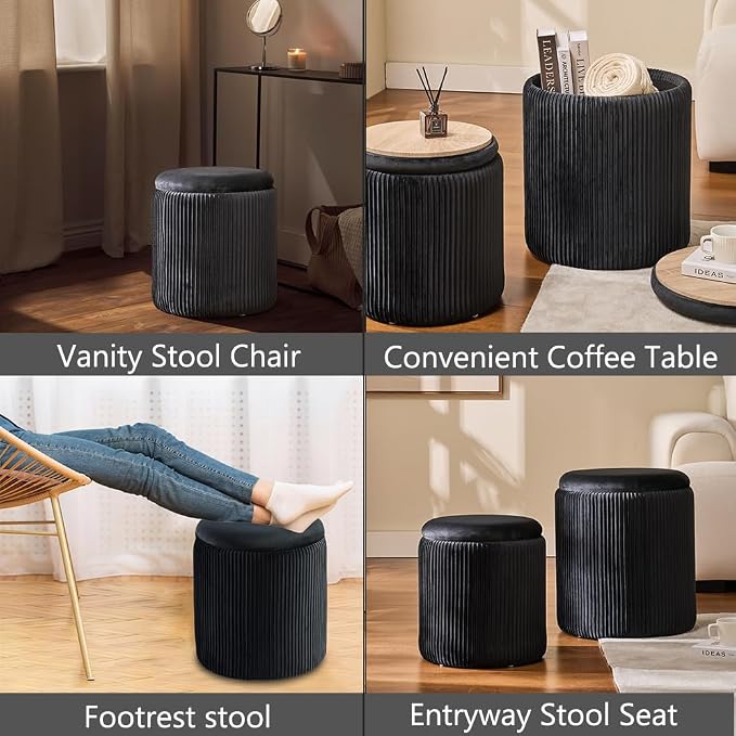 Round Set of 2 Ottoman with Storage-Upholstered Velvet Vanity Stool - Image 5