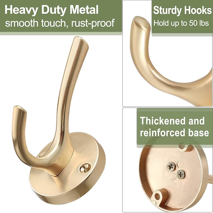 Gold Coat Hooks for Wall, 3 Pack Towel Hook Heavy Duty Metal Double Bath Robe - Image 5