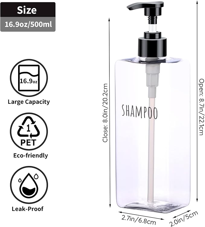 Segbeauty Clear Square Shampoo Bottles, 500ml Empty Reusable Bathroom Shower - Image 6