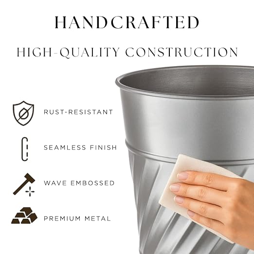 Monarch Abode Pewter Handcrafted Wave Embossed Metal Wastebasket - Image 3