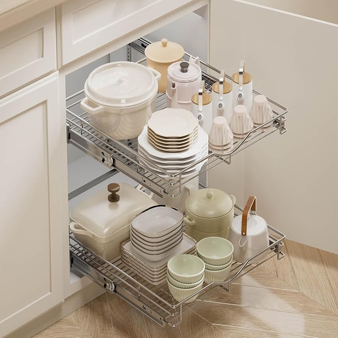 DINDON 2 Tier Pull Out Cabinet Organizer Heavy-Duty Metal Sliding Drawer Shelf - Image 2