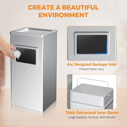 BEAMNOVA Trash Can Indoor Outdoor Metal Stainless Steel Commercial Garbage Can - Image 4