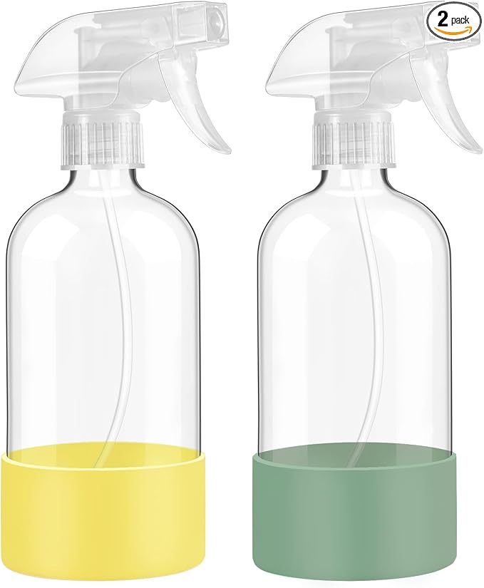 Glass Spray Bottles with Silicone Sleeve Protection, 16 oz Empty Refillable by FANSTINOW