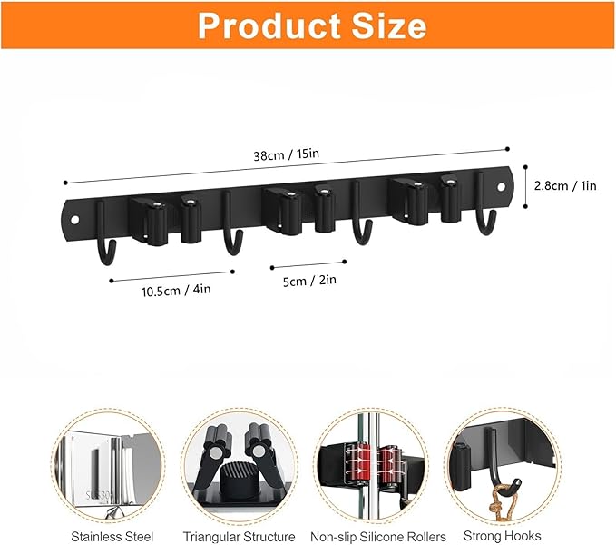Mop and Broom Holder Wall Mount, Upgraded Broom Organizer Wall Mount, Stainless - Image 3