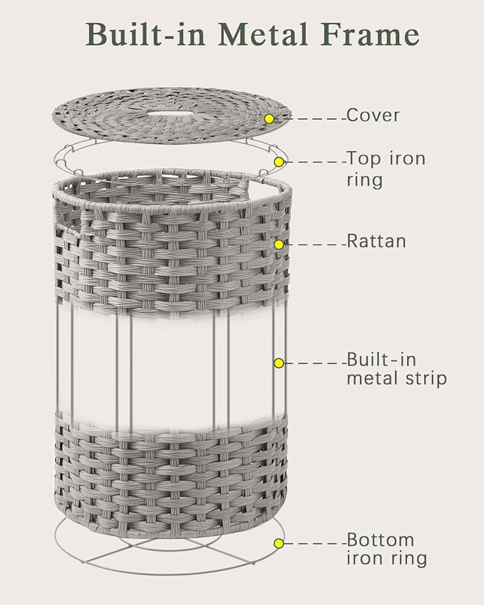 Laundry Basket with Lid Round Rattan Laundry Hamper with Lid and Handles 29.1 - Image 8