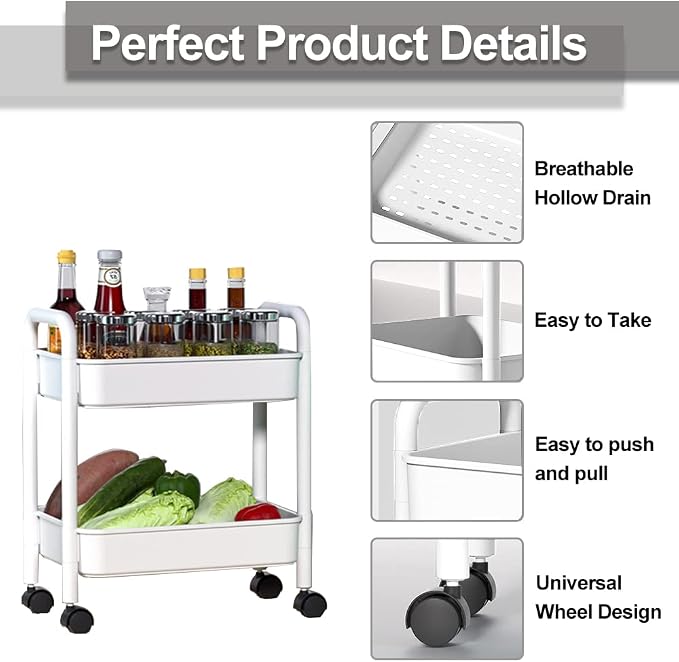 Melody House 2-Tier Utility Rolling Cart Storage Organizer Sofa Side Table - Image 3