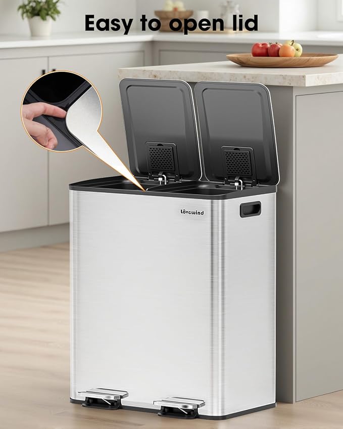 Lovewind Kitchen Trash Can, 2 x 8 Gallon Stainless Steel Trash and Recycle Bin - Image 6