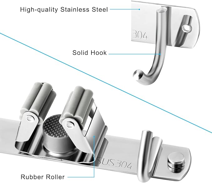 Broom and Mop Holder Wall Mounted, Broom Hanger Storage Rack, Stainless Steel - Image 2