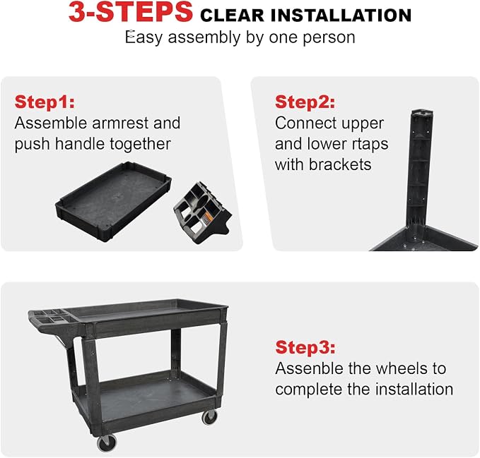 Utility Service Cart, 2-Shelf 500LBS Heavy Duty Plastic Rolling Utility Cart - Image 5