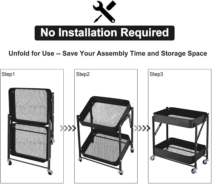 2-Tier Metal Folding Rolling Cart, Mobile Utility Cart Trolley Storage Organizer - Image 2