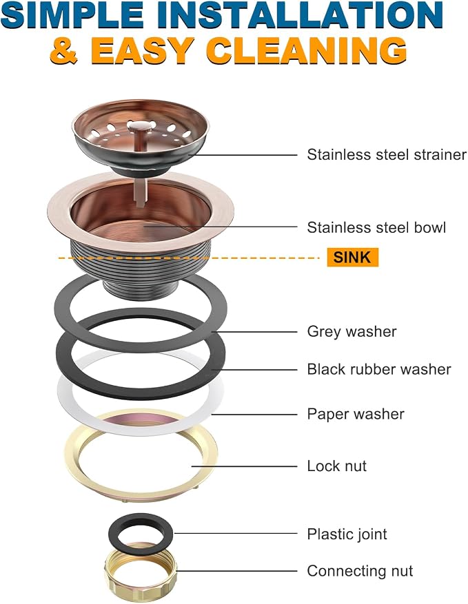 BOTEMY Stainless Steel Copper Sink Drain Strainer Kit 3-1/2 inch Kitchen Drain - Image 6