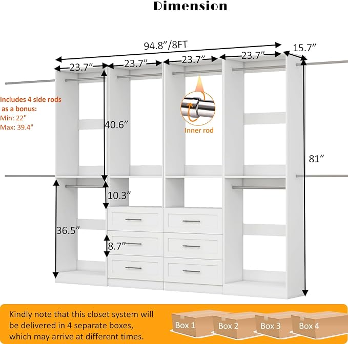 Closet System with 4 Sets, 8FT Closet Organizer Systems with 6 Wooden Drawers & - Image 2