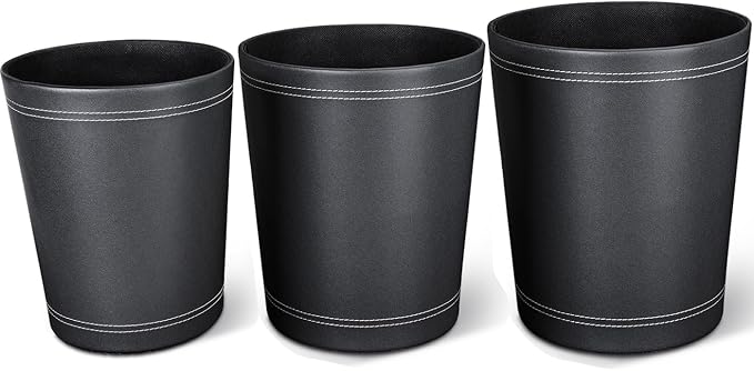 KINGFOM 3 Pack PU Leather Small Office Trash Can Wastebasket, Round Garbage by KingfomLeatherHomeOfficeDecor