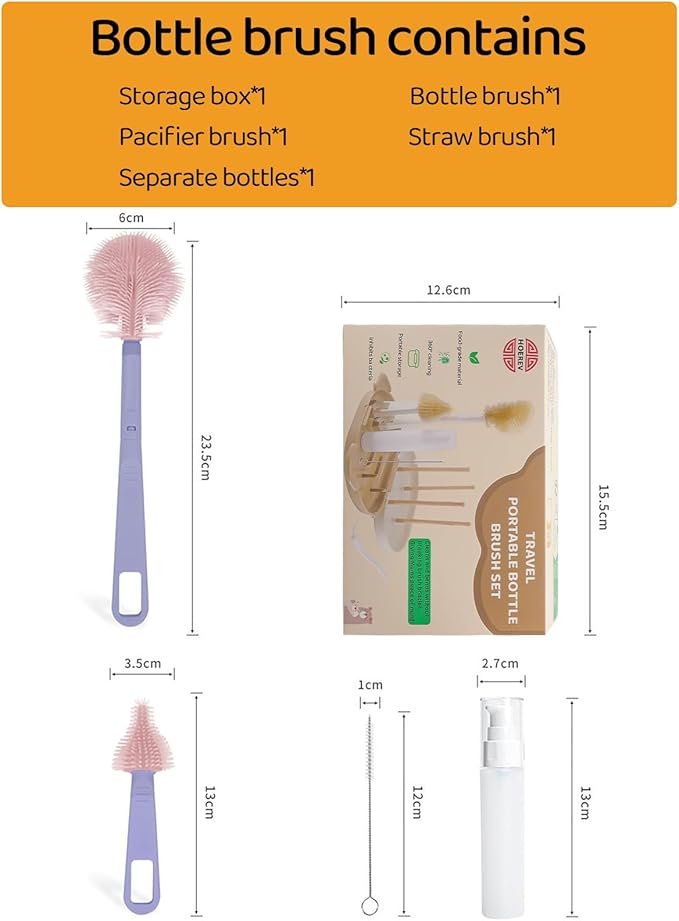 HOEREV Portable Baby Silicone Bottle Brush Set Include Pacifier Brush, Straw - Image 2
