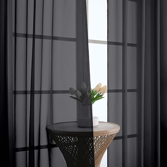 Chyhomenyc Black Sheer Curtains 90 Inches Long 2 Panels, Light Filtering Black - Image 6