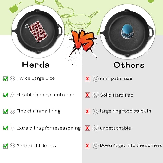 Herda 316L Cast Iron Scrubber Cleaner, Large Cast Iron Chain Mail Scrubber - Image 2
