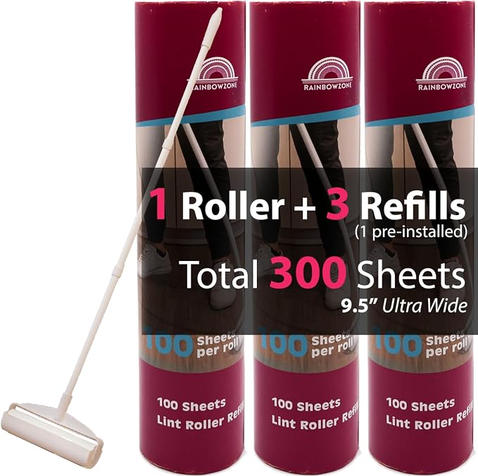 RainbowZone Large Lint Rollers plus 3 Rolls 9.5'' Extra Wide Total 300 sheets by Rainbowzone
