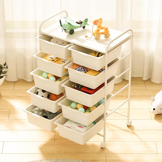 Rolling Cart with 10 Drawers, Plastic Drawer Cart with Metal Frame, Utility - Image 2