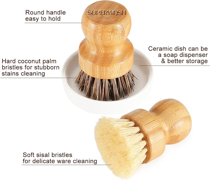 Bamboo Brush Dish Scrubber Clean Pan and Vegetable, Natural Bristles Palm Pot - Image 5