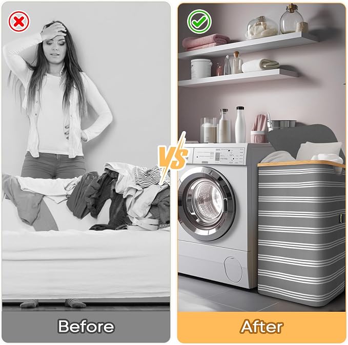 BALEINE Laundry Hamper with Lid, Tall Laundry Baskets with Bamboo Pull Handles - Image 7