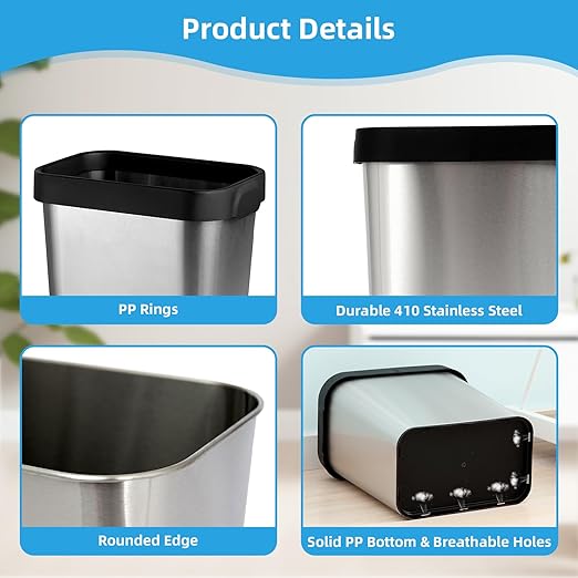 3 Pack Stainless Steel Trash Can 3 Gallon, Open Top Trash Can, Rectangle - Image 5