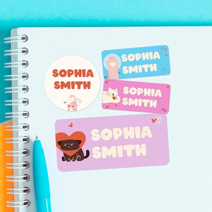Personalized Name Tag Stickers for Kids | Cat Waterproof Labels for School by Cryptonite